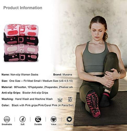 Non Slip Yoga Socks for Women, Anti-Skid Pilates, Barre, Hospital Socks with Grips, Size 5-10